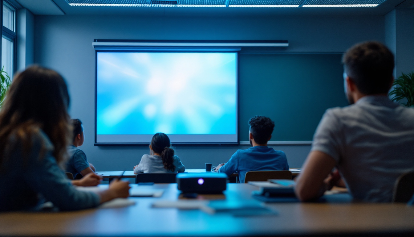 A photograph of a modern classroom setting featuring a smart board projector in use