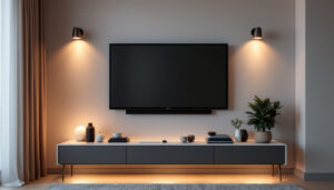A photograph of a stylish living room setup featuring a wall-mounted led tv