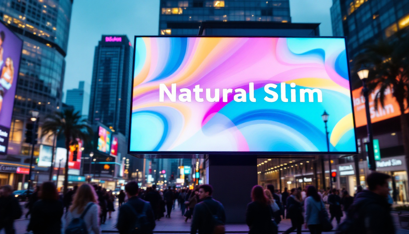 A photograph of capture a photograph of a vibrant led display showcasing the natural slim brand in a bustling los angeles setting