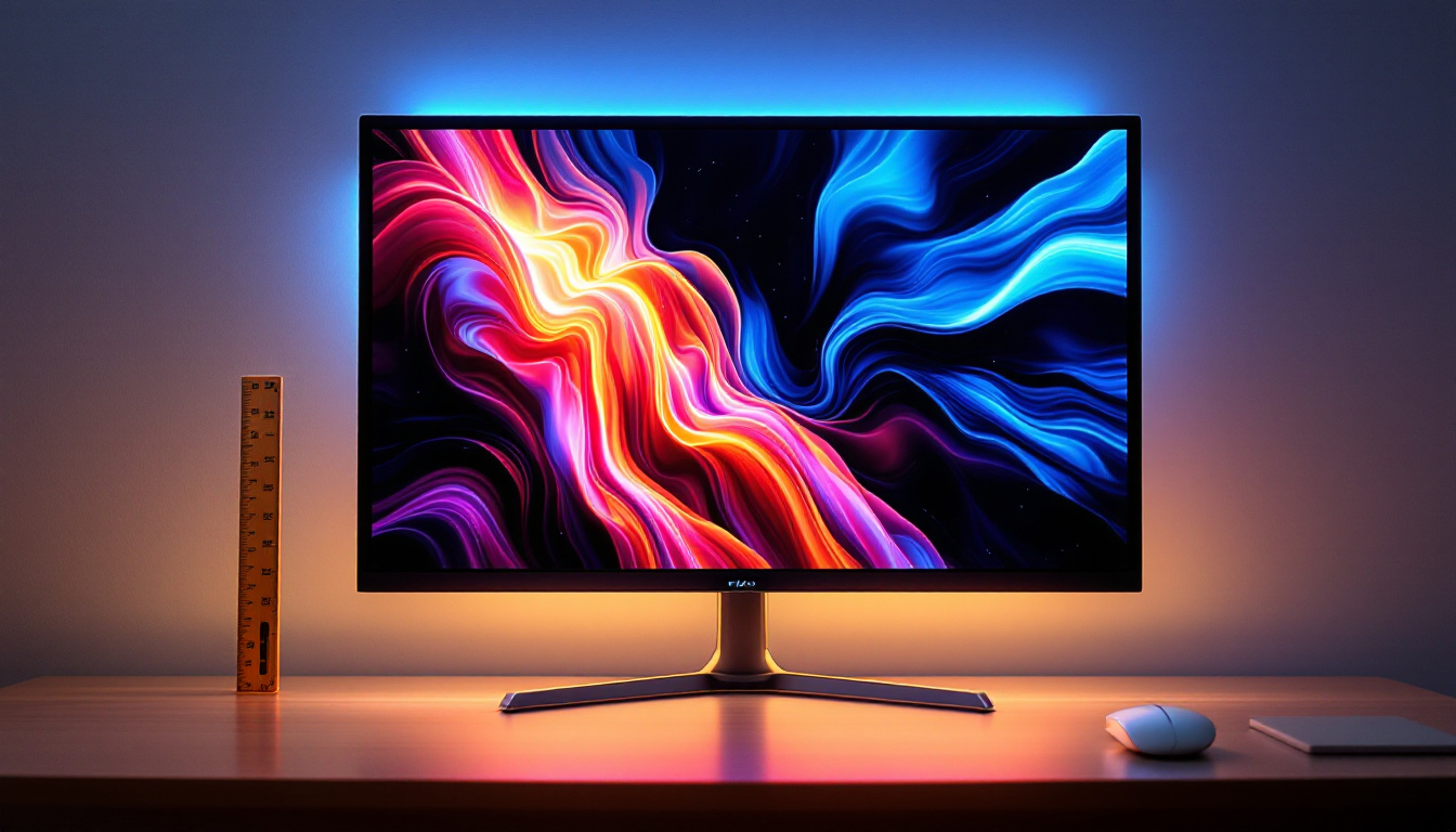 A photograph of a sleek led monitor displaying a vibrant