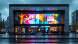 A photograph of a modern building exterior featuring weatherproof windows with an integrated led display