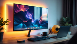 A photograph of a modern living room setup featuring a sleek led tv being used as a desktop monitor