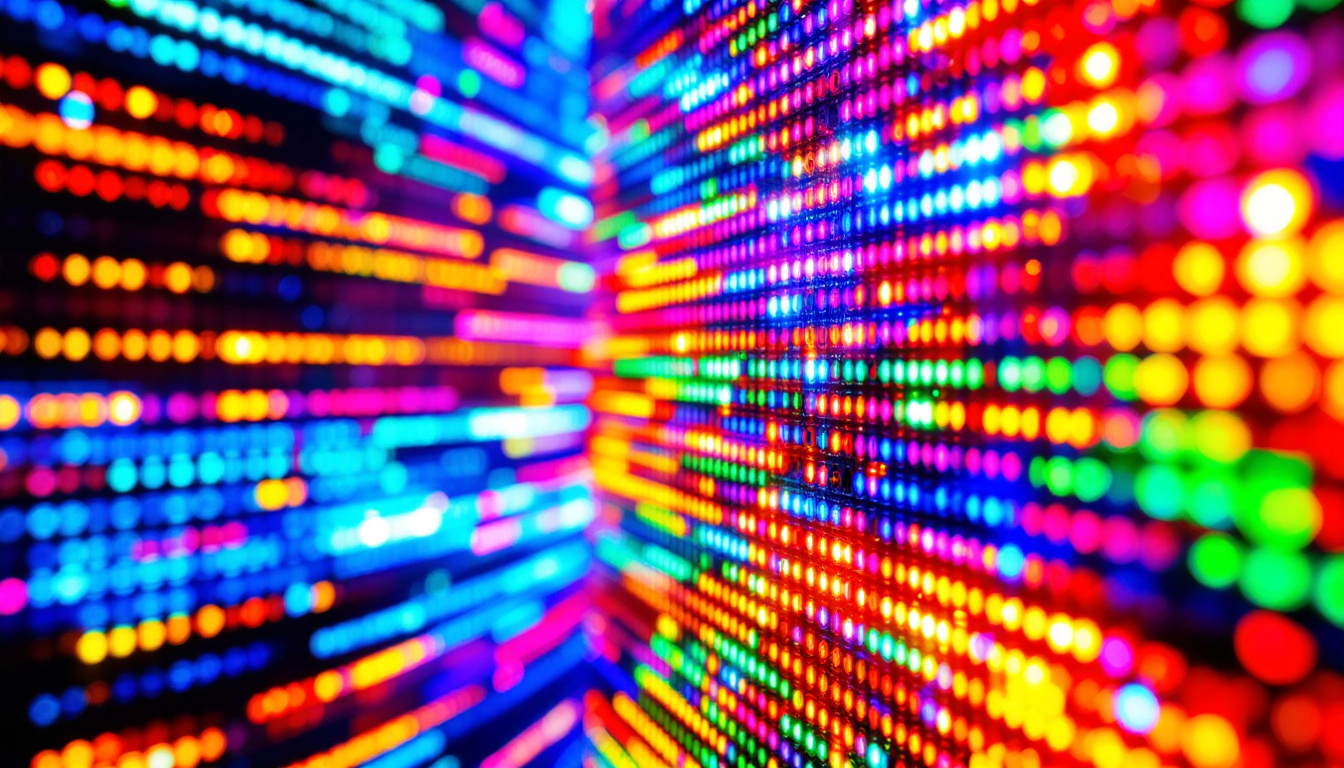 A photograph of a close-up shot of a vibrant led display in action