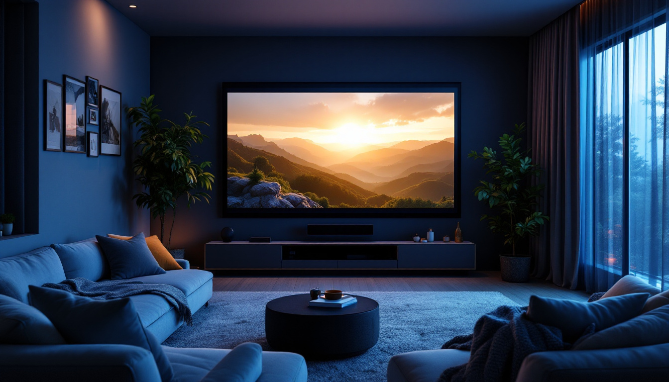 A photograph of a cozy home theater setup featuring a large led screen