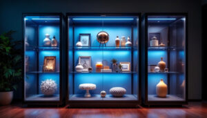 A photograph of a sleek glass display cabinet illuminated by vibrant led lights
