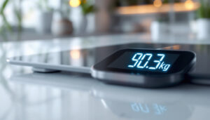 A photograph of a digital scale displaying the weight "90.3 kg" alongside a clear conversion to pounds