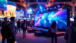 A photograph of a vibrant led display stand in action at a bustling event