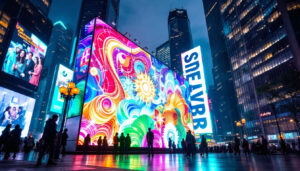 A photograph of a vibrant and dynamic led display in an urban setting