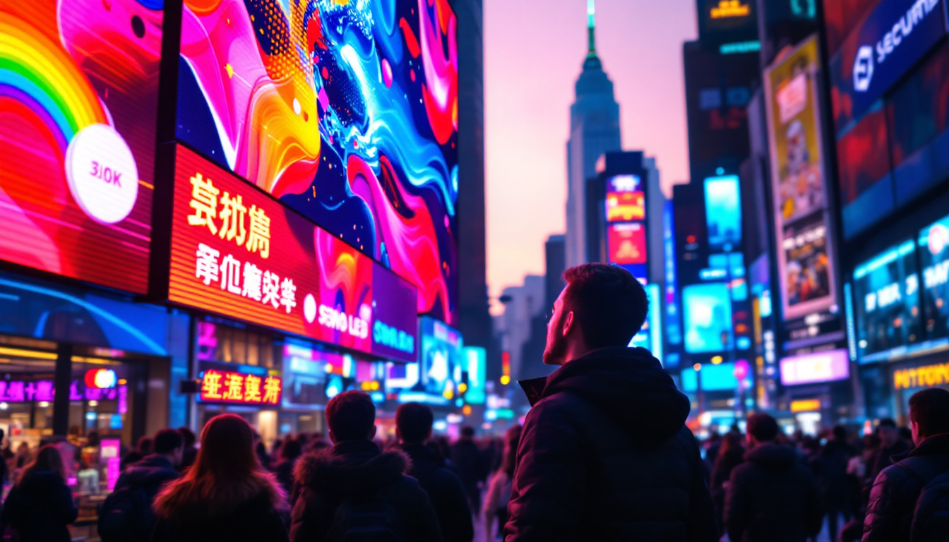 A photograph of a vibrant led display in a bustling urban environment