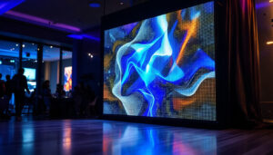 A photograph of a vibrant led screen displaying dynamic visuals in an engaging environment