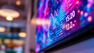 A photograph of a close-up of a vibrant led display showcasing dynamic visuals