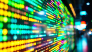 A photograph of a vibrant led display showcasing a visually striking matrix pattern