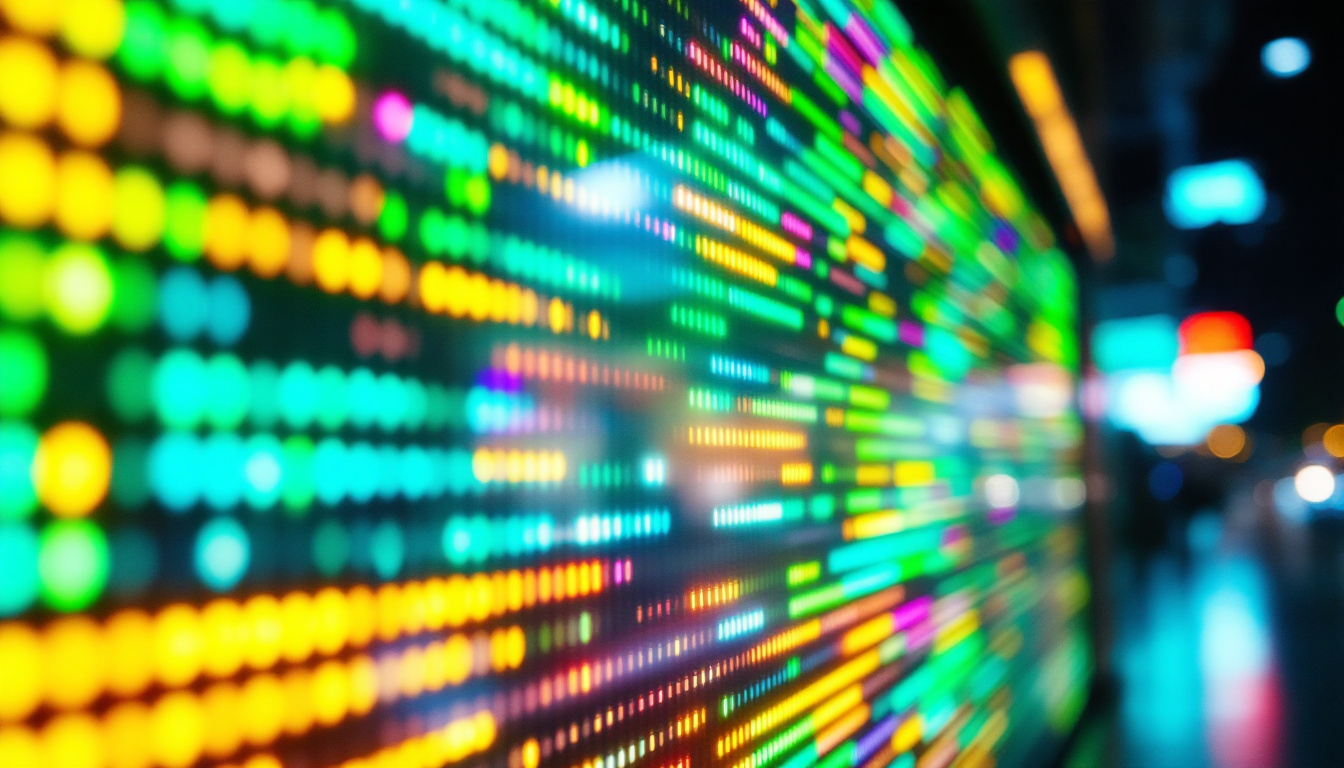 A photograph of a vibrant led display showcasing a visually striking matrix pattern
