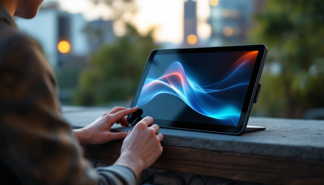 A photograph of a sleek portable screen monitor in use outdoors