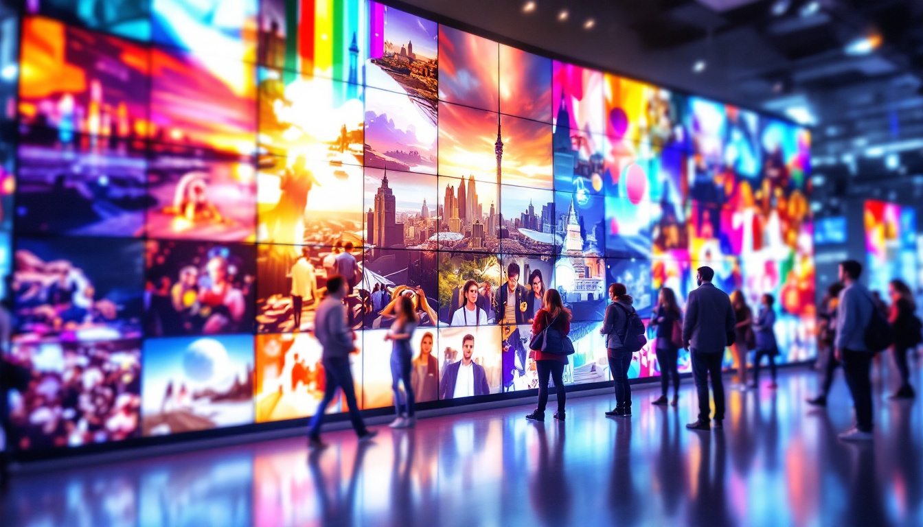 A photograph of a vibrant large photo board featuring an array of high-quality led displays showcasing diverse images