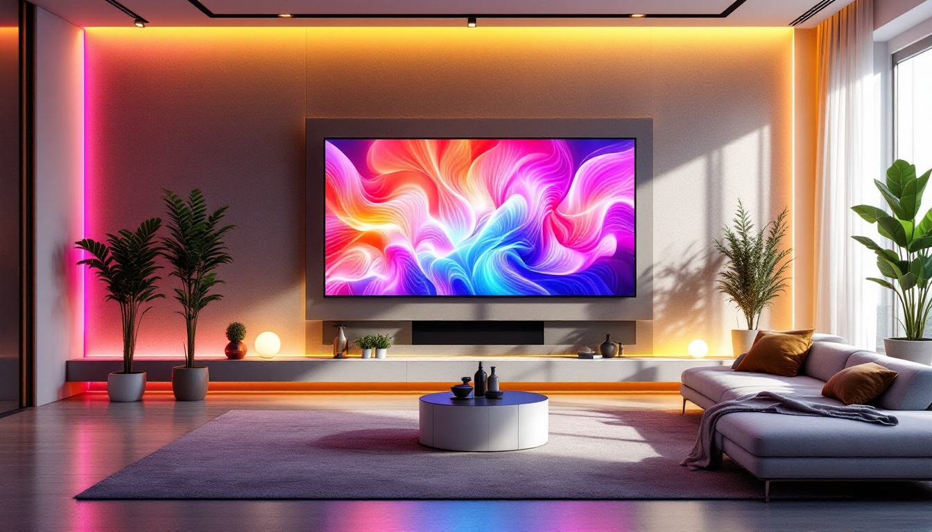A photograph of a modern living hall featuring a sleek led display integrated into the wall design