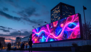 A photograph of a vibrant outdoor led wall displaying dynamic visuals in an urban setting