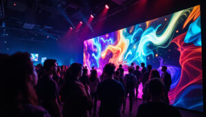 A photograph of a vibrant media wall kit in action at an event