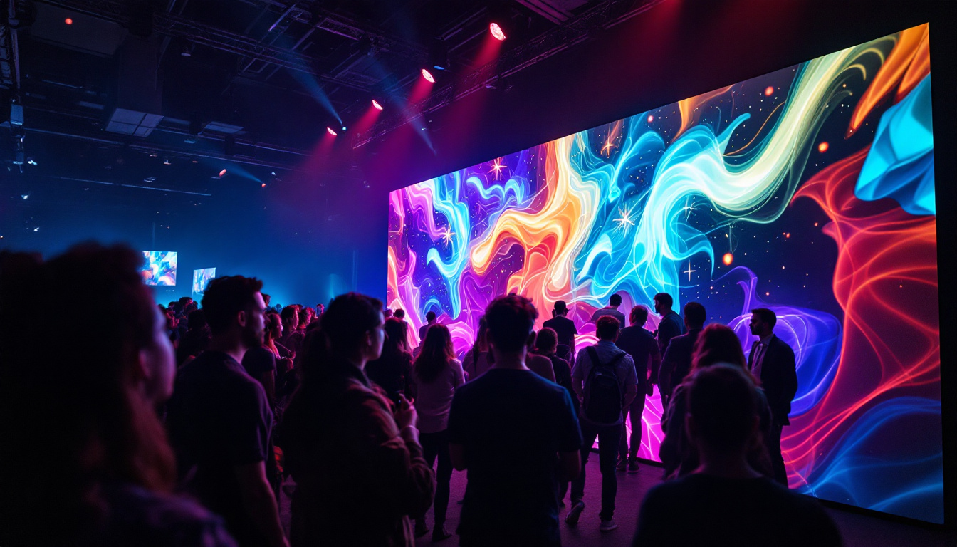 A photograph of a vibrant media wall kit in action at an event