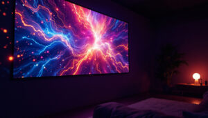 A photograph of a vibrant led projector display in a darkened room