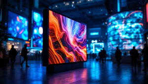 A photograph of a vibrant led display showcasing dynamic visuals in a modern urban setting