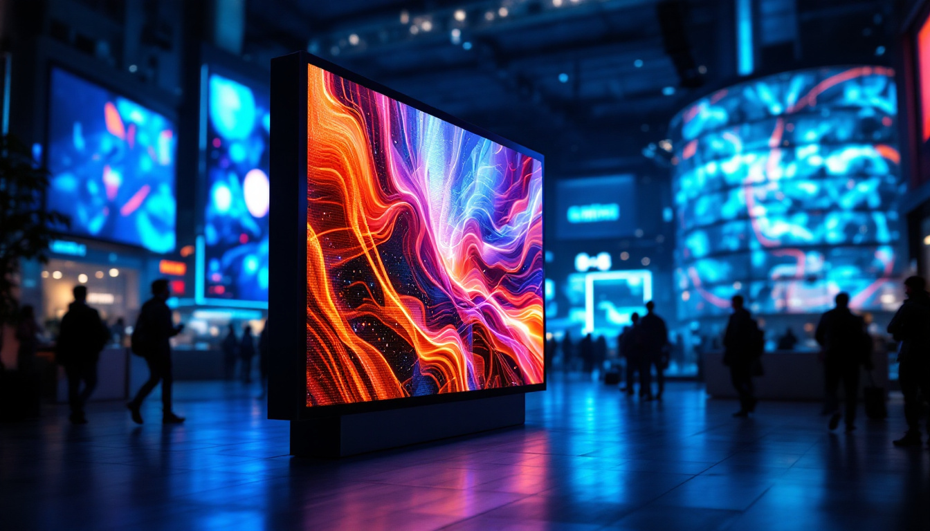 A photograph of a vibrant led display showcasing dynamic visuals in a modern urban setting