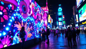 A photograph of a vibrant led display in an urban setting