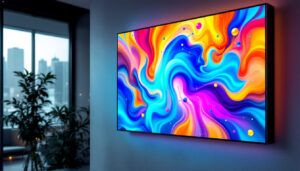 A photograph of a vibrant led panel display mounted on a wall in a modern setting