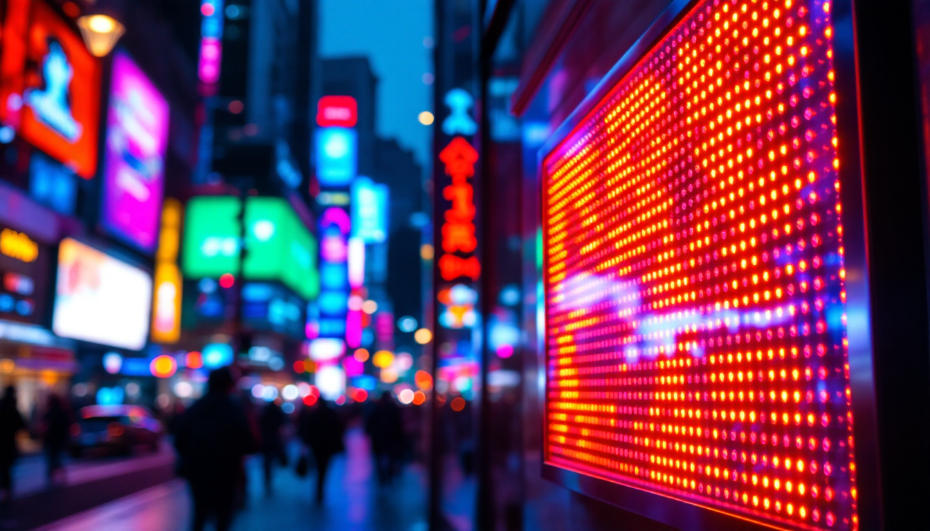 A photograph of a vibrant led digital sign in a bustling urban environment