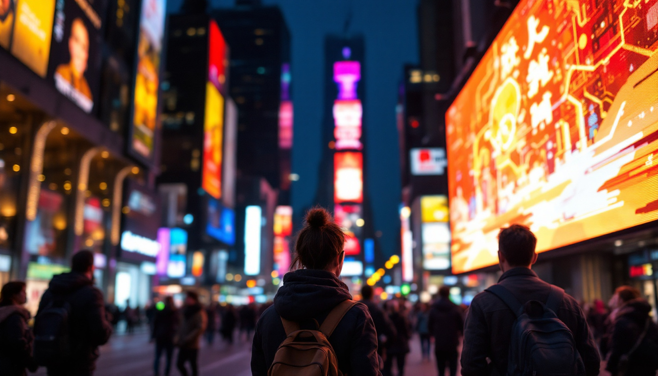 A photograph of a vibrant led display in a dynamic urban setting