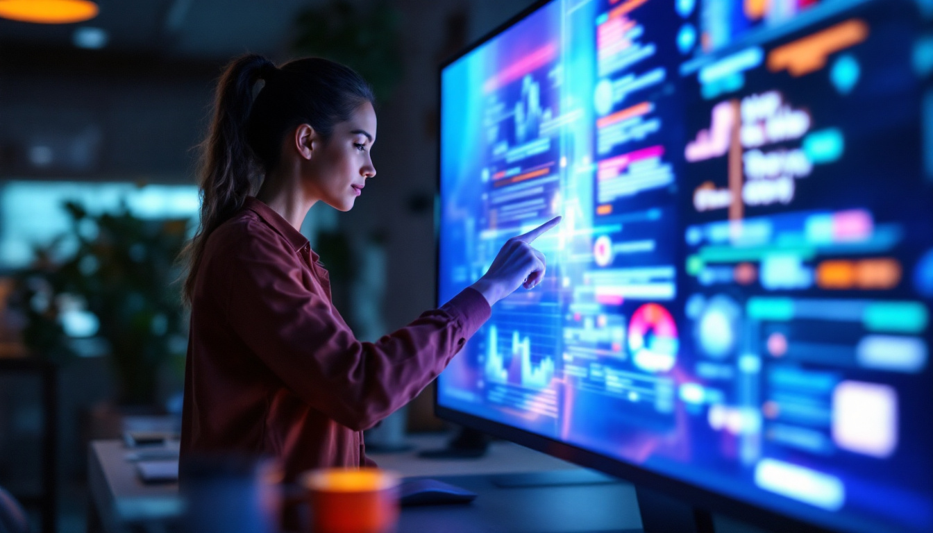 A photograph of a sleek 32-inch touch screen computer in an engaging workspace setting