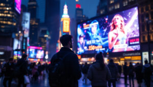 A photograph of capture a photograph of a vibrant outdoor scene featuring a large led display screen in use