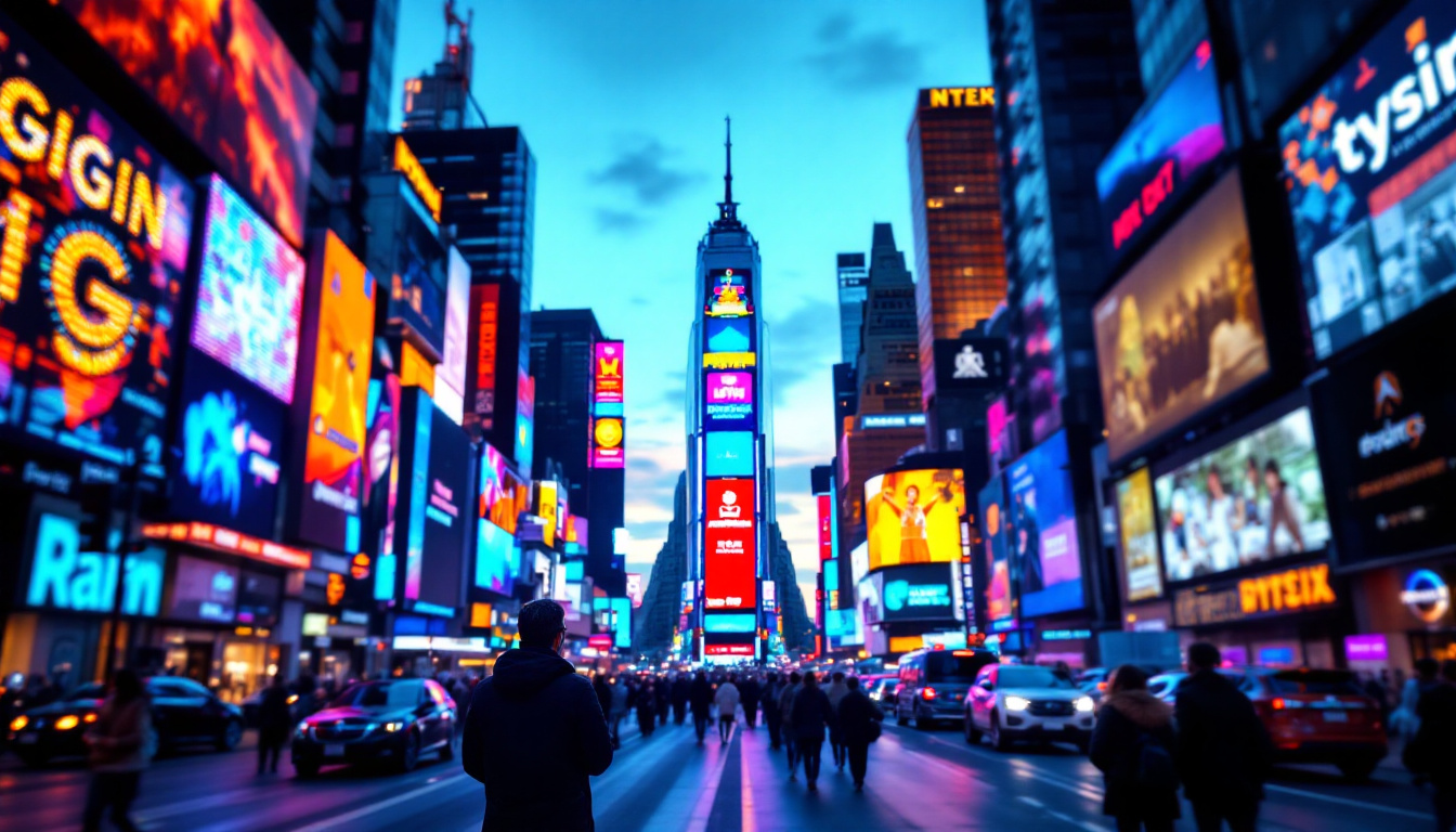 A photograph of a vibrant led display in a bustling urban environment