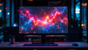A photograph of a sleek pc touchscreen monitor displaying vibrant led graphics