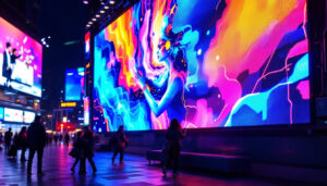 A photograph of a vibrant led display in an urban setting at night