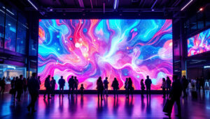 A photograph of a vibrant led display in an urban setting