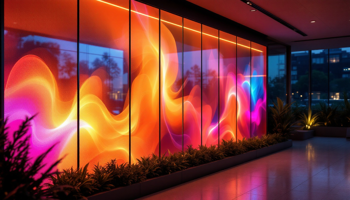 A photograph of a modern privacy screen wall featuring an led display in an outdoor or indoor setting