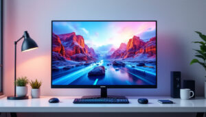 A photograph of a sleek led monitor displaying vibrant images or graphics