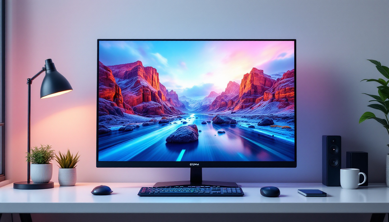 A photograph of a sleek led monitor displaying vibrant images or graphics