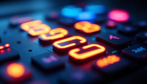 A photograph of a close-up shot of a touch calculator's led display in action