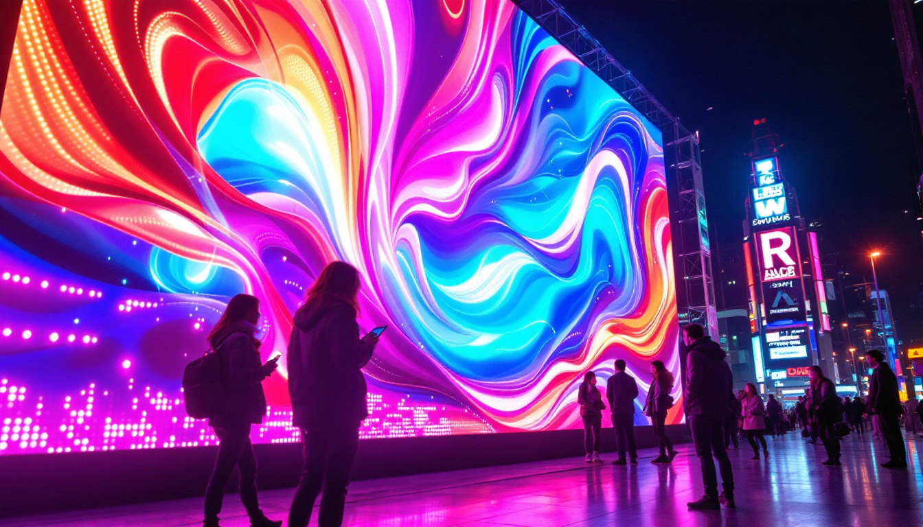 A photograph of a vibrant led display in a dynamic urban setting