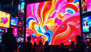 A photograph of capture a photograph of a vibrant outdoor led advertising screen in a bustling urban setting