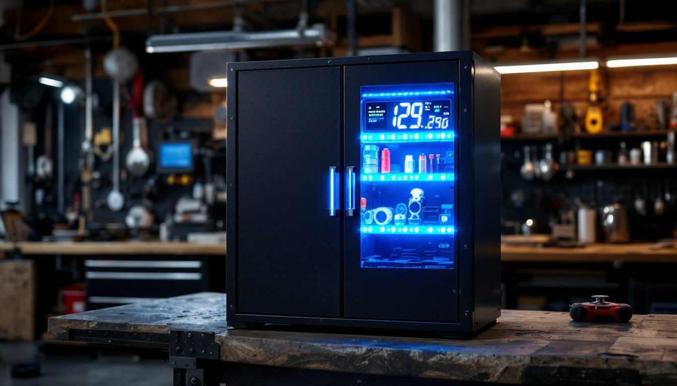 A photograph of capture a photograph of the snap on side cabinet showcasing its sleek design and led display in a well-lit workshop setting