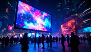 A photograph of a vibrant led display in an urban setting