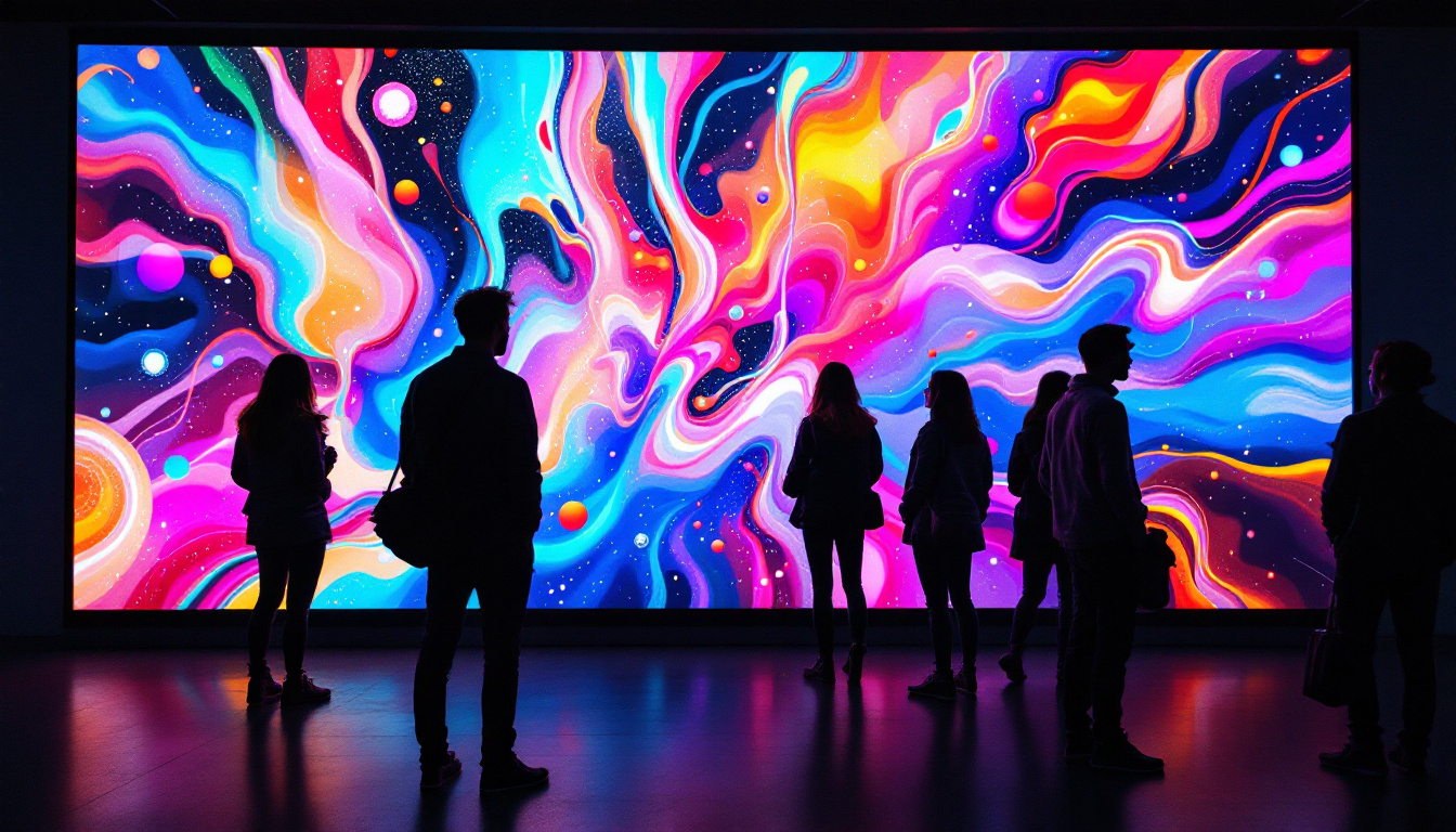 A photograph of a vibrant led display showcasing digital art in a gallery setting