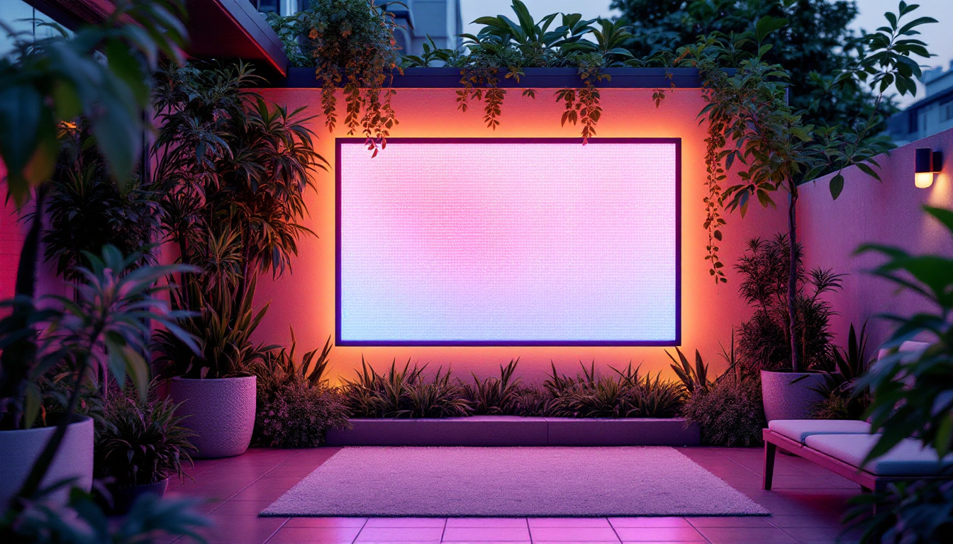A photograph of a vibrant outdoor setting featuring a sleek led display integrated into a privacy screen