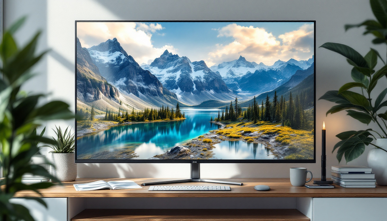 A photograph of a vibrant and detailed 8k monitor displaying a stunning landscape or high-resolution image