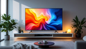 A photograph of a sleek 55-inch led display in a modern living room setting