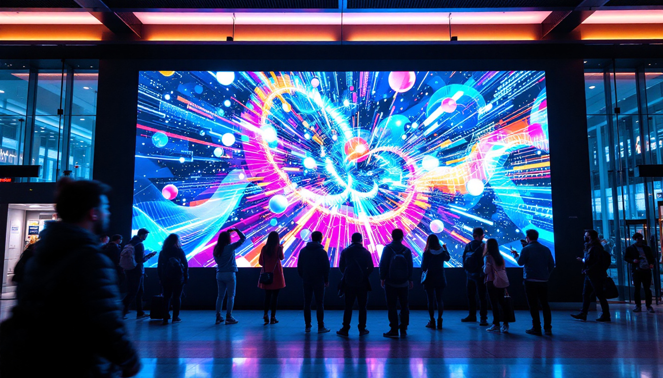 A photograph of a vibrant led display in a busy public space