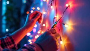 A photograph of a person carefully removing led lights from a wall